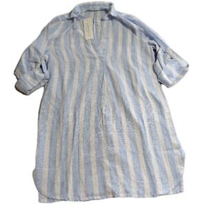 4OUR DREAMERS Gauze Tunic Shirt Womens L Blue White Stripe Roll Tab Beach NWT